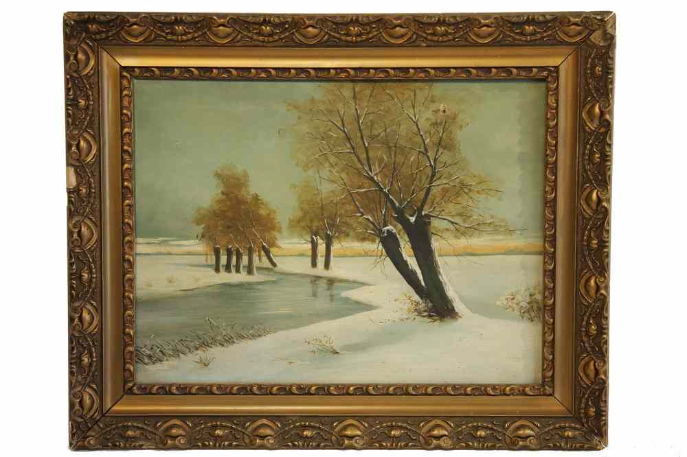 Appraisal: OOC - Depicting winter riverscape signed lr 'R Shalk' vintage