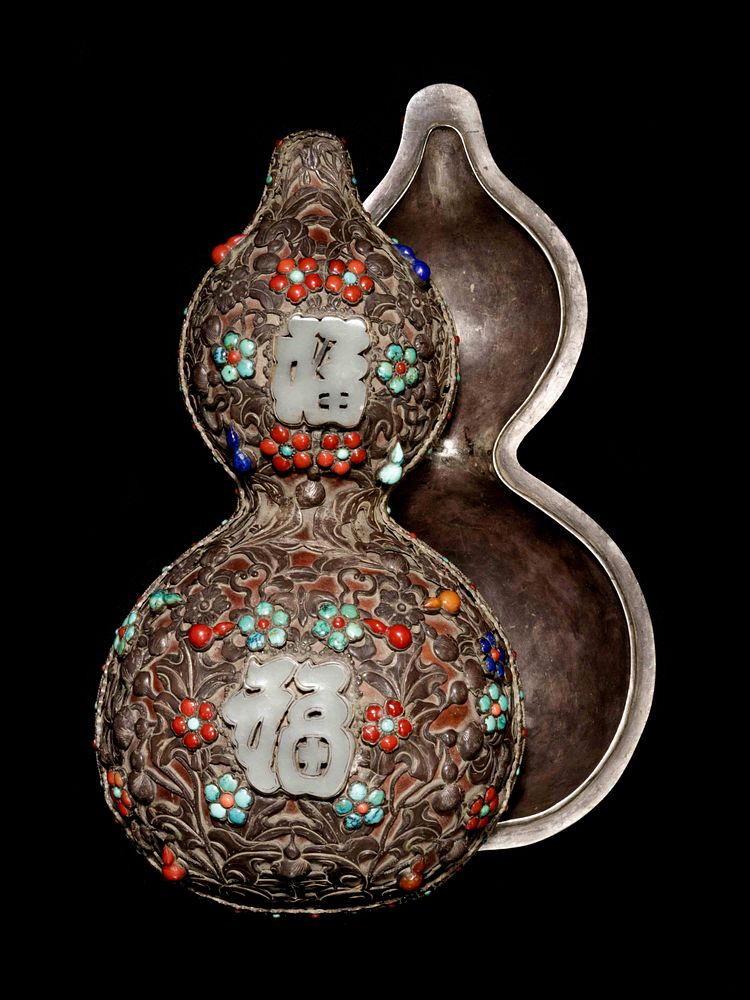 Appraisal: A Jade and Hardstone Embellished Silver Mounted Gourd Covered Box