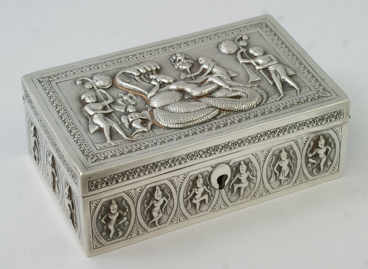 Appraisal: Indian Silver Box with goddess being worshipped on cobra throne