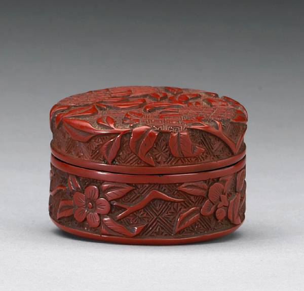 Appraisal: A cinnabar lacquer incense box with fruit and flower decoration