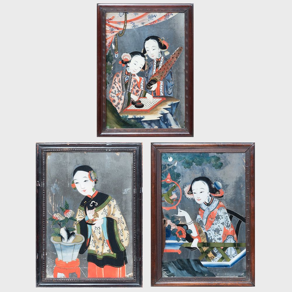 Appraisal: Three Chinese Export Reverse Paintings on Mirror Plate The largest