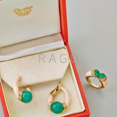 Appraisal: CARTIER CORAL AND GREEN CHALCEDONY JEWELRY Loop earrings for unpierced