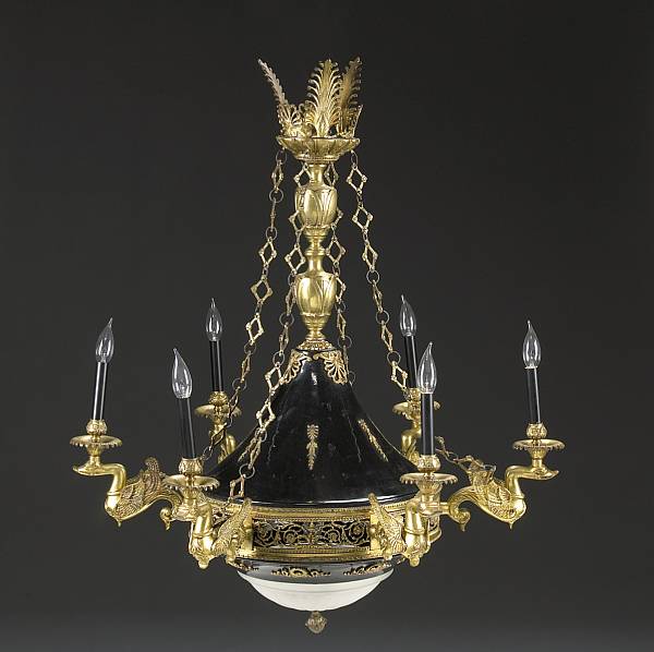 Appraisal: An Empire style gilt bronze mounted six light chandelier early