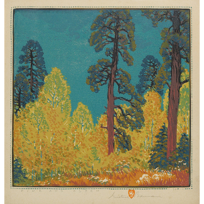 Appraisal: Excellent Gustave Baumann woodblock colorful print titled Pine and Aspen