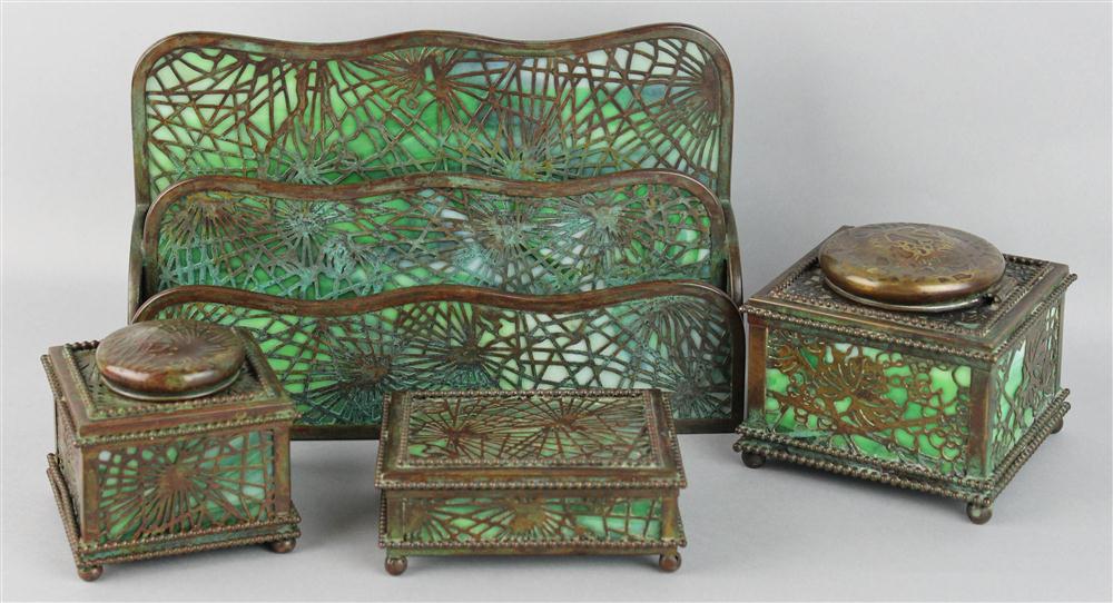 Appraisal: FOUR TIFFANY STUDIOS BRONZE AND GLASS DESK ACCESSORIES all stamped