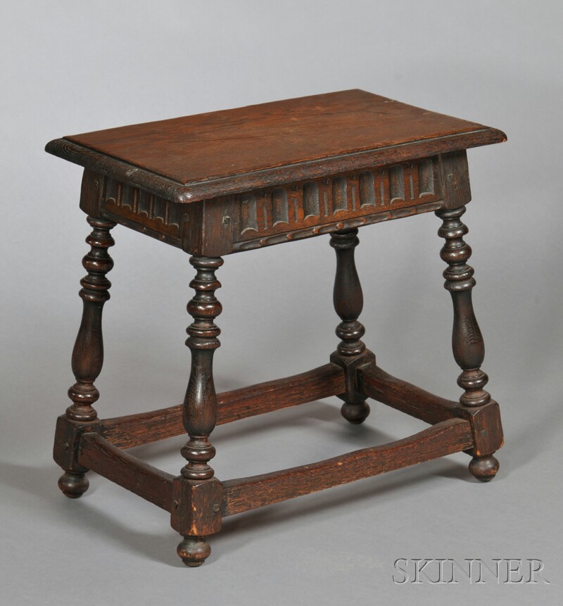 Appraisal: Jacobean-style Oak Stool th century hinged top opening to compartment