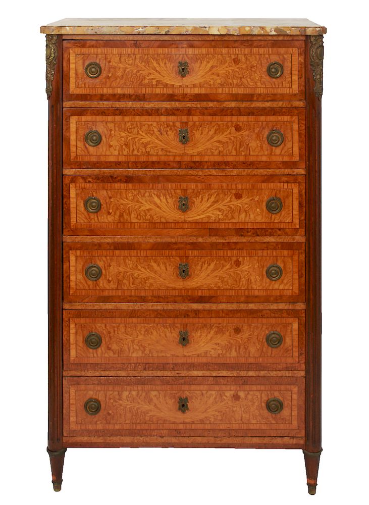 Appraisal: French Marquetry Tall Dresser with Marble Top French six-drawer dresser