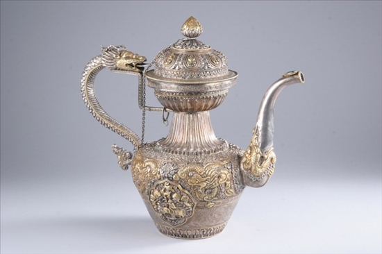 Appraisal: TIBETAN VERMEIL AND SILVER EWER AND COVER Finely chased and