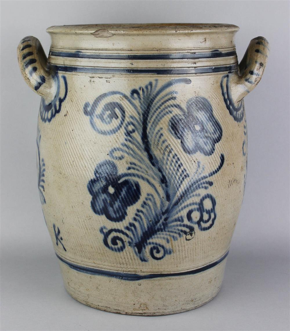 Appraisal: AMERICAN SALT-GLAZED STONEWARE TWO-HANDLED CROCK SIGNED with extensive cobalt decoration