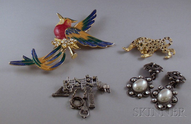 Appraisal: Four Pieces of Costume Jewelry including an oversized enamel decorated