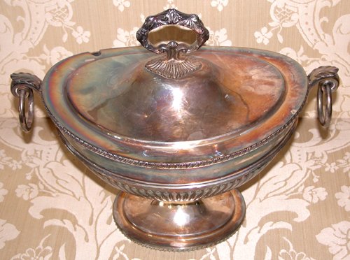 Appraisal: Title English Silver-Plated Soup Tureen pedestal base loose-ring handles Medium