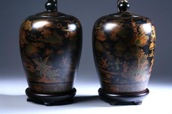 Appraisal: PAIR CHINESE BLACK AND GILT PORCELAIN JARS AND COVERS Painted