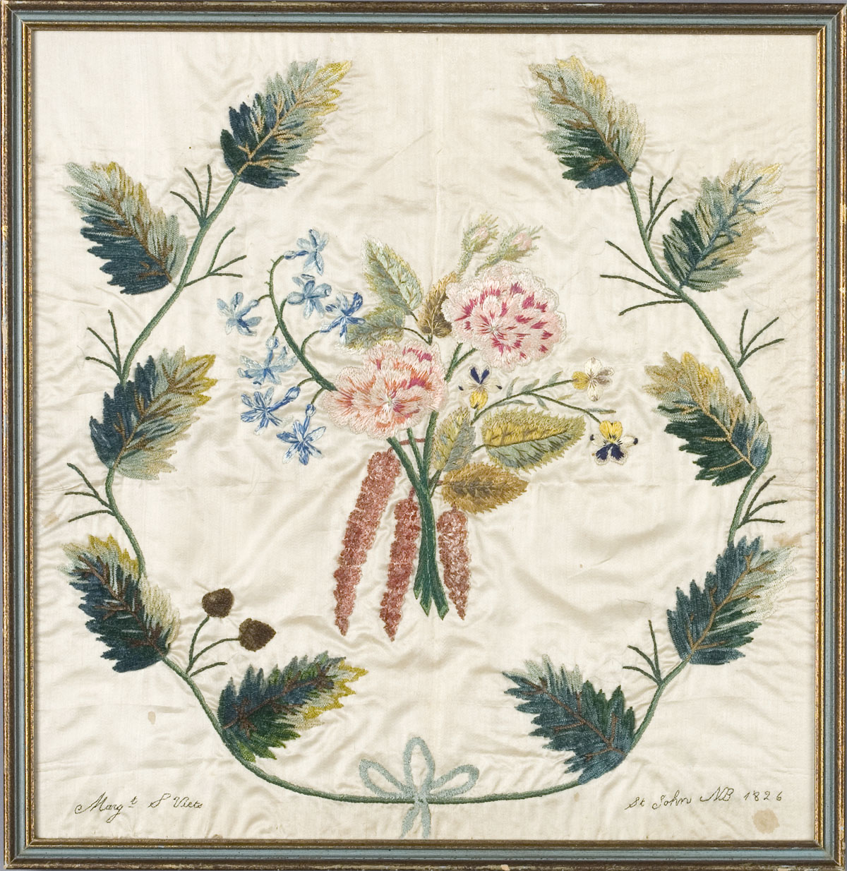 Appraisal: CANADIAN NEEDLEWORK PICTURE OF A FLORAL SPRAY WITH WREATH OF