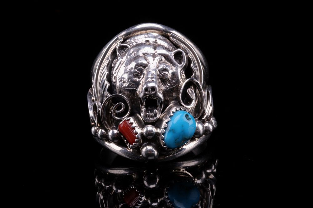 Appraisal: Navajo Sterling Silver Turquoise Coral Mens Ring Featured in this