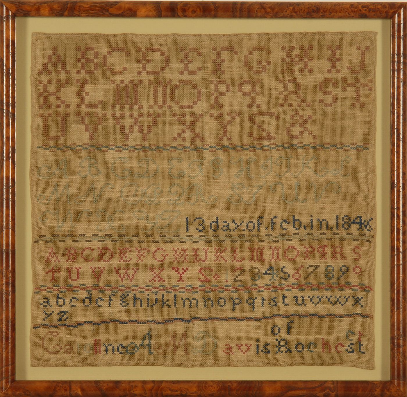 Appraisal: FRAMED NEEDLEWORK SAMPLER American Dated Wrought by Caroline A M