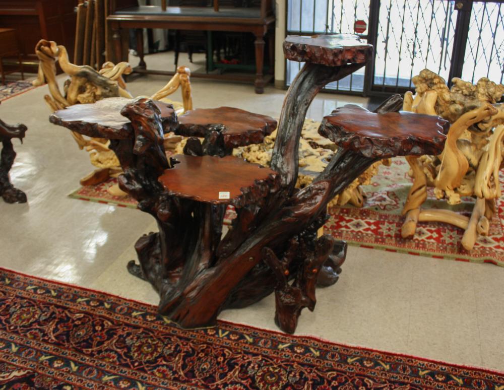 Appraisal: CUSTOM ARTISAN STUDIO REDWOOD PEDESTAL TABLE having five levels of