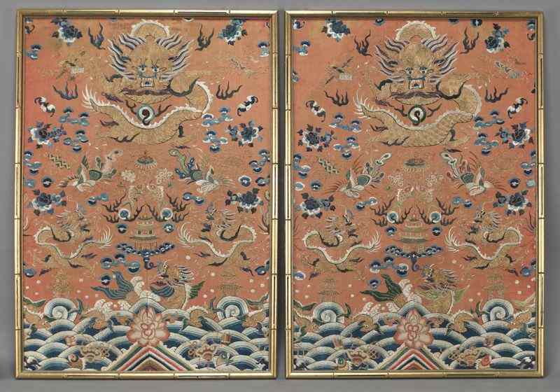 Appraisal: Pr Chinese Qing embroidered framed panelsdepicting dragons phoenix and waves