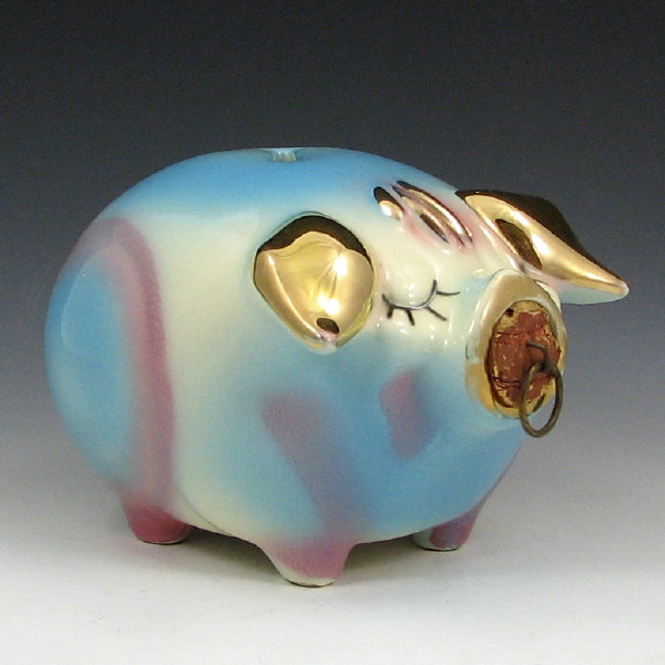 Appraisal: Hull Corky Pig Bank in Blue Pink Gold - Mint