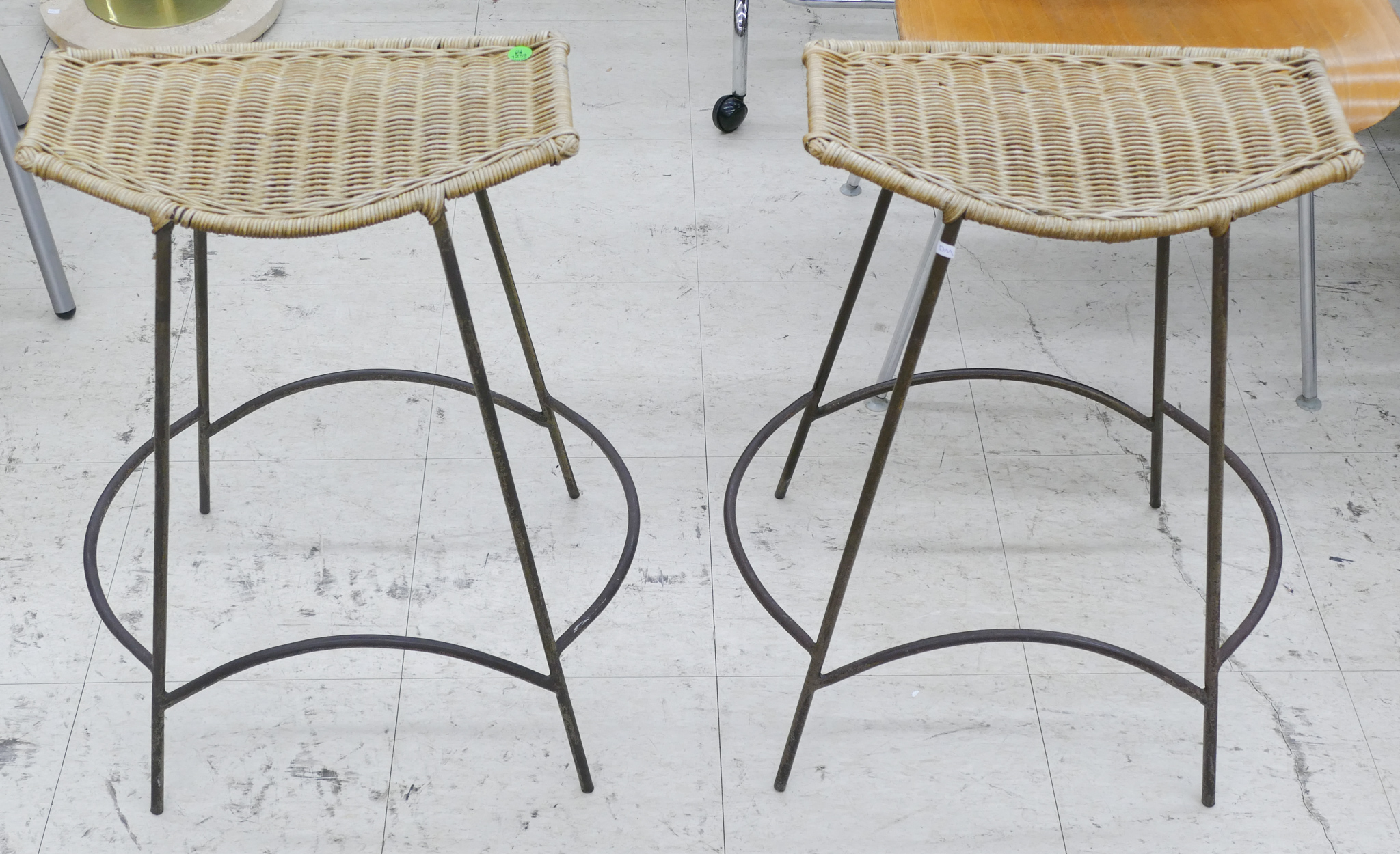 Appraisal: Pair Mid Century Wicker Steel Bar Stools ''x ''x ''