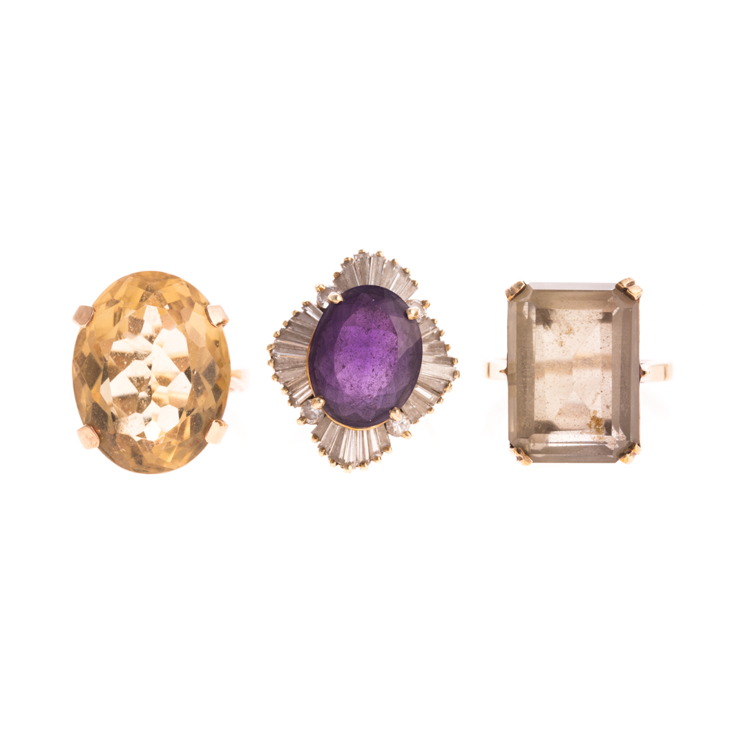 Appraisal: A Trio of Lady's Gemstone Rings in Gold K yellow