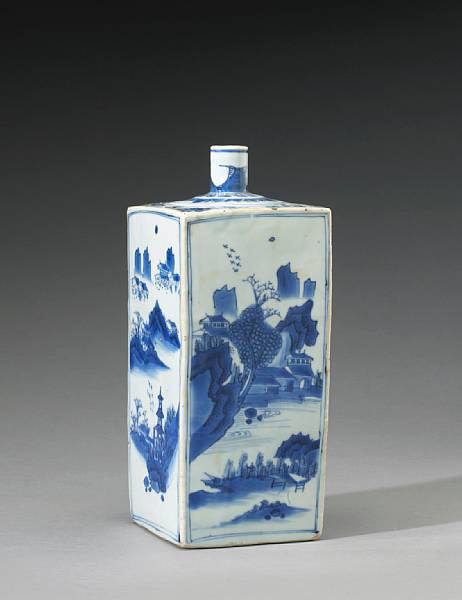 Appraisal: A blue and white porcelain square-sectioned bottle Transitional Its flat