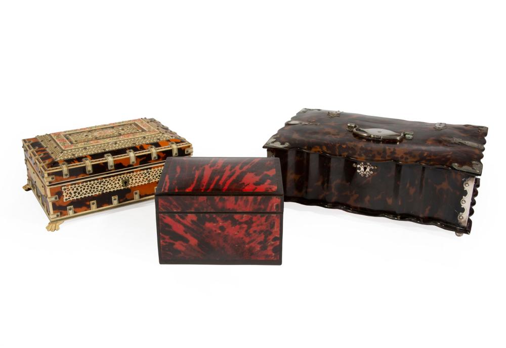 Appraisal: Three Antique English Tortoiseshell Boxes incl Dutch Colonial silver-mounted lidded