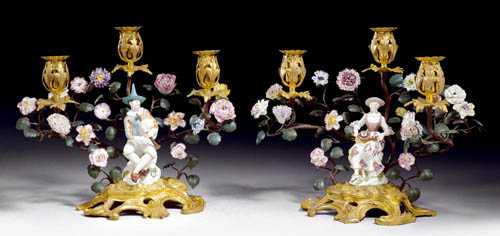 Appraisal: PAIR OF CANDELABRAS WITH PORCELAIN FIGURES Louis XV the figures