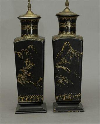 Appraisal: Pair of Chinese-Style Black and Gilt Vases Mounted as Lamps