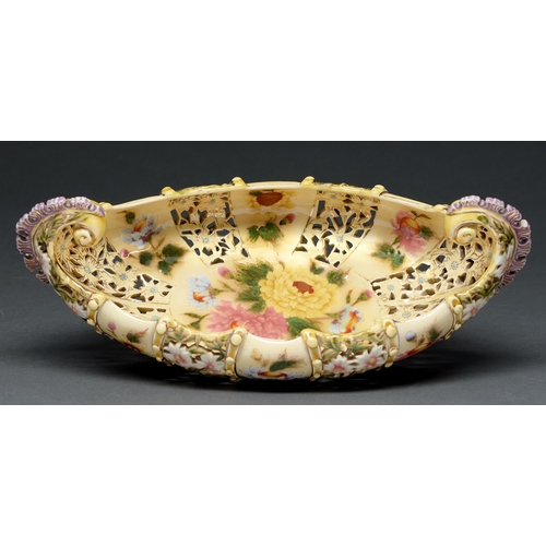 Appraisal: A Zsolnay pierced and scroll handled bowl late th c