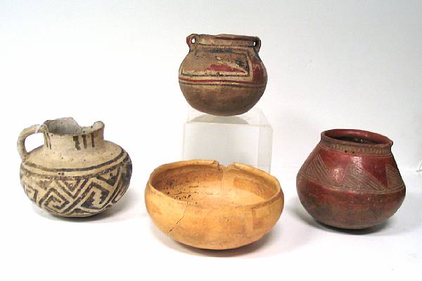 Appraisal: Four ancient Southwest vessels An Anasazi pitcher Jeditto bowl two