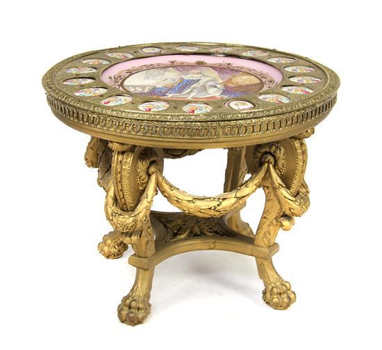 Appraisal: French Giltwood and Sevres Style Porcelain Mounted Center Table having