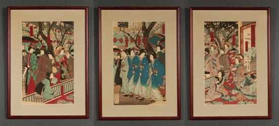 Appraisal: Japanese color woodcut triptych Chikanobu Evening street scene with figures