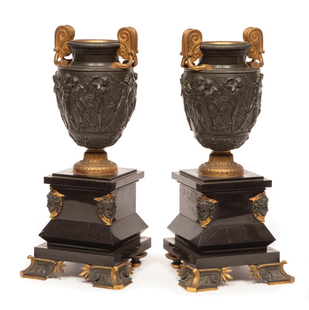 Appraisal: Pair of Antique Neo-Grec Gilt and Patinated Bronze Townley Vases