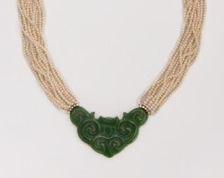 Appraisal: K Yellow Gold Carved Hardstone Diamond and Seed Pearl Necklace