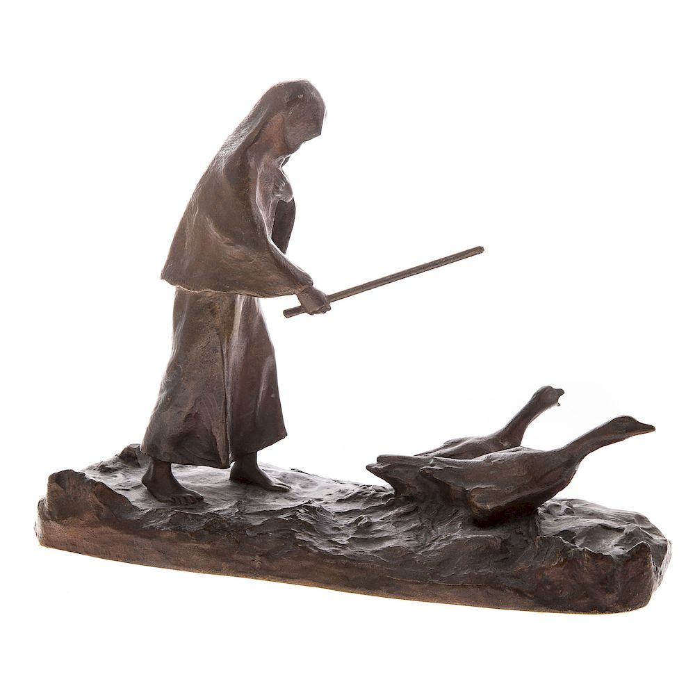 Appraisal: Hans Muller Peasant woman and geese bronze Austrian - Signed