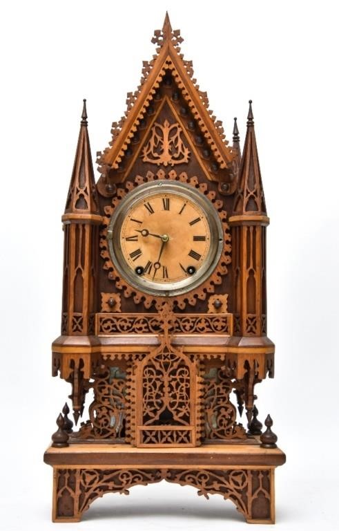 Appraisal: Tramp art Gothic clock mixed wood late th c h