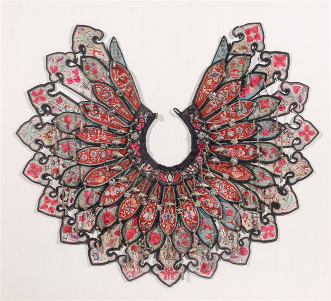 Appraisal: Elaborate antique Chinese silk collar with silver fish and allover