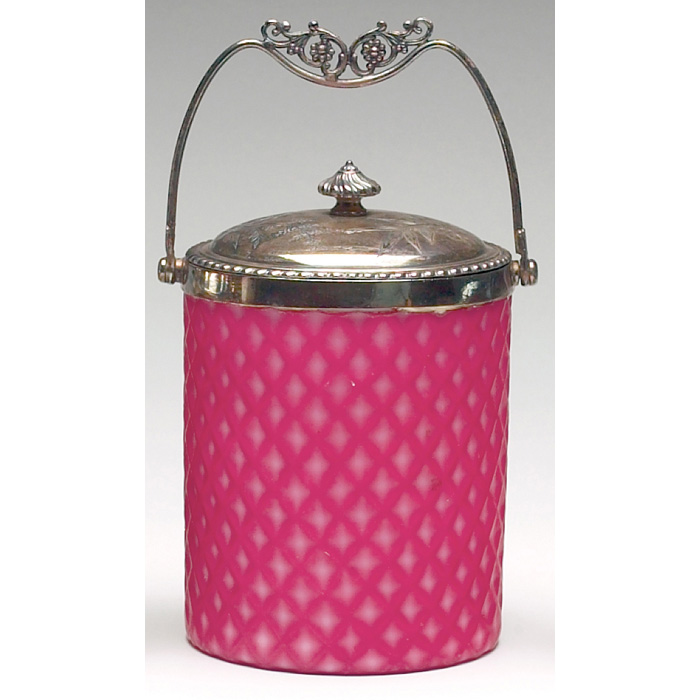 Appraisal: Victorian biscuit jar cylindrical form in pink velvet diamond quilt