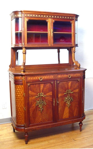 Appraisal: FRENCH PARQUETRY INLAID SIDEBOARD Ormolu frieze glass front doors and