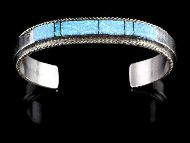 Appraisal: Fran Yazzie Navajo Inlaid Blue Opal Sterling Cuff Provided for