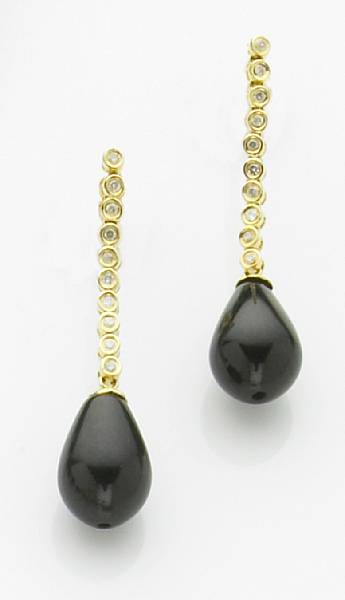 Appraisal: Black Jade and Diamond Earpendants Each with a line of