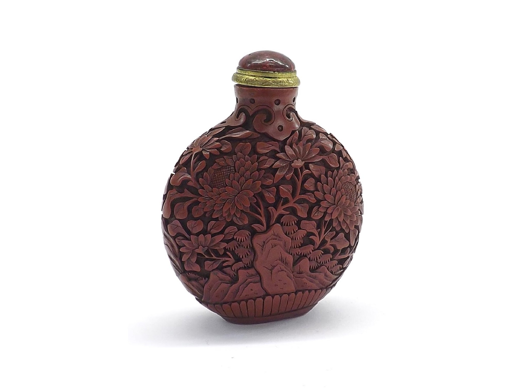 Appraisal: Cinnabar snuff bottle carved overall with flowering foliage