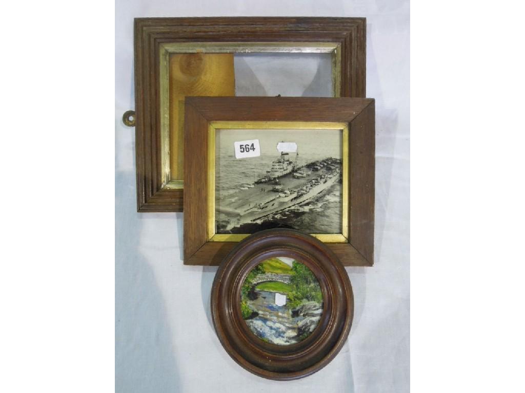 Appraisal: A framed photo of an aircraft carrier a further wooden