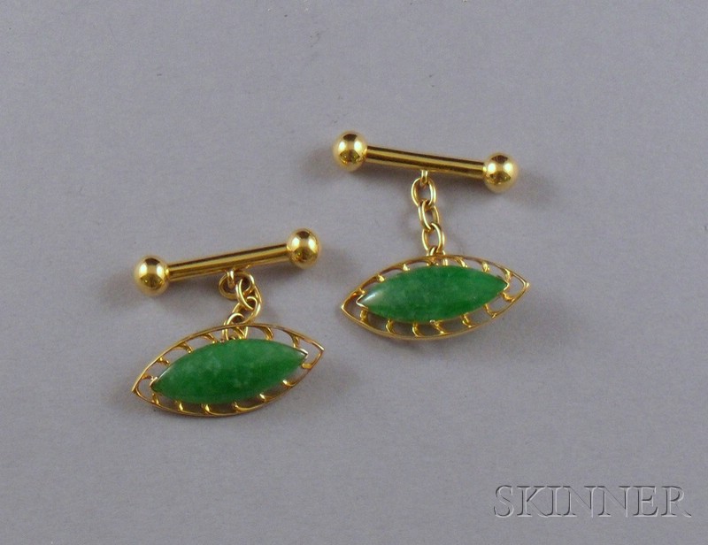 Appraisal: Pair of kt Gold and Jade Navette-form Cuff Links