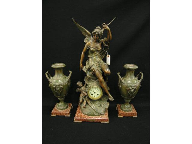 Appraisal: French Victorian Figural Bronzed Marble Clock Set L' Aurore winged