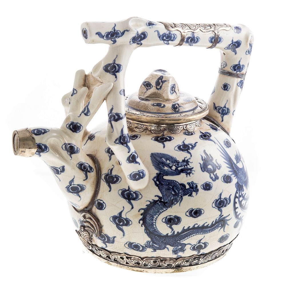 Appraisal: Chinese Metal-Mounted Porcelain Wine Vessel globular body with deer head-form