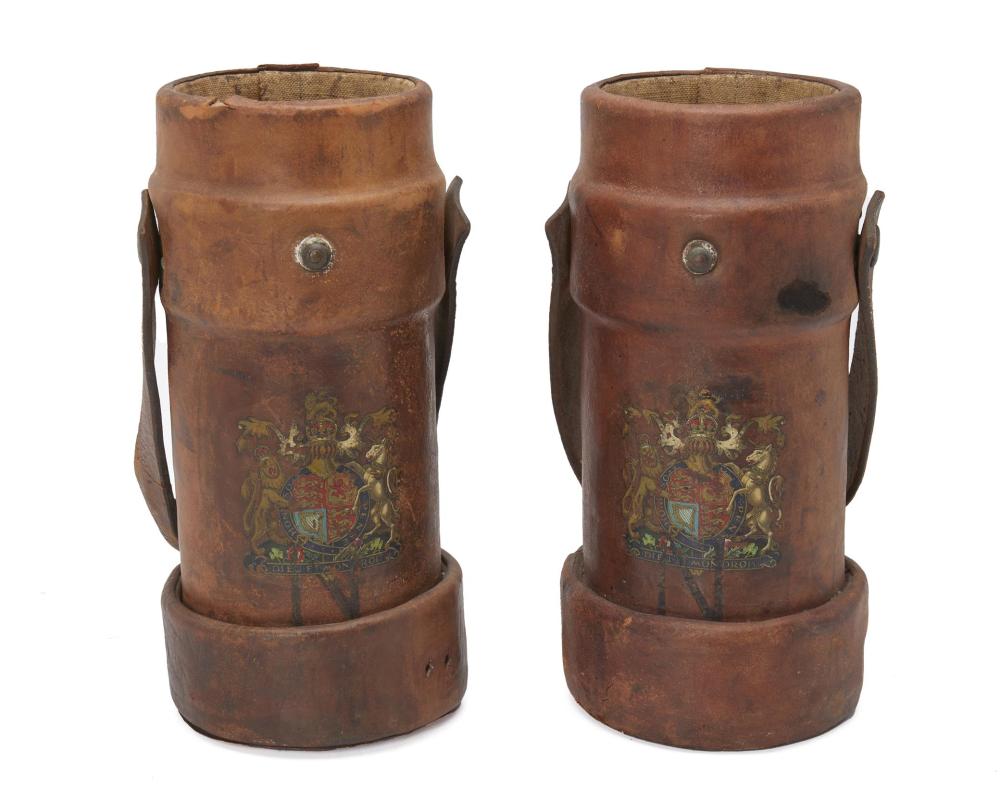 Appraisal: A PAIR OF BRITISH ROYAL NAVY LEATHER SHOT BUCKETSA pair