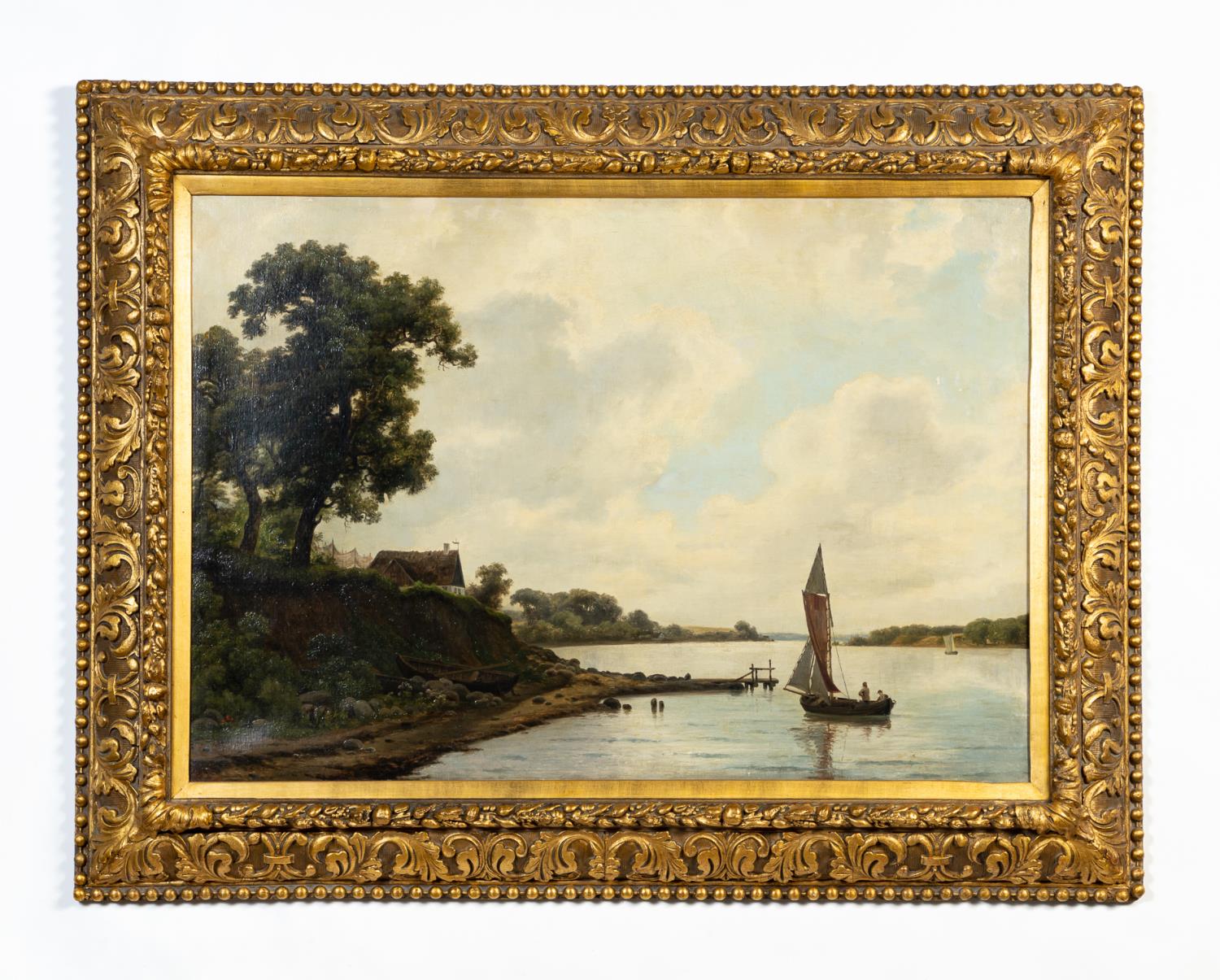 Appraisal: DUTCH SCHOOL LANDSCAPE O C SAILBOAT W FIGURES Dutch School