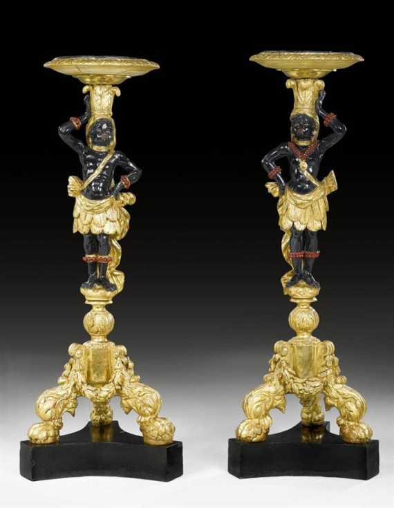 Appraisal: PAIR OF PAINTED PORTE-TORCHERES AU NEGRE Louis XV Venice th