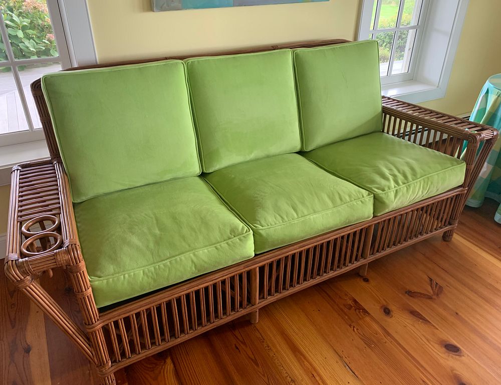 Appraisal: Palecek Bamboo Sofa with Lime Green Cushions Palecek Bamboo Sofa